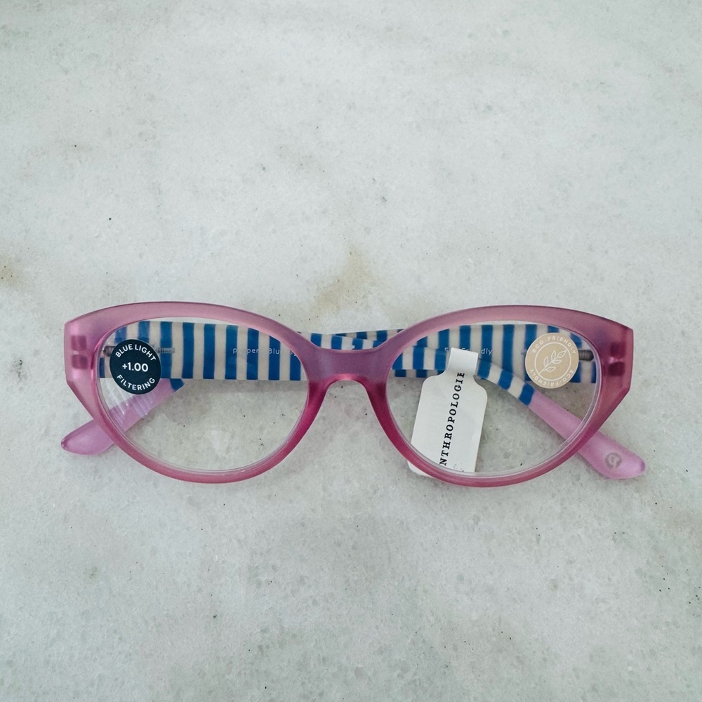 Anthropologie Peepers Sloane Oval Readers Pink Blue Stripe Blue Light +1.00 New